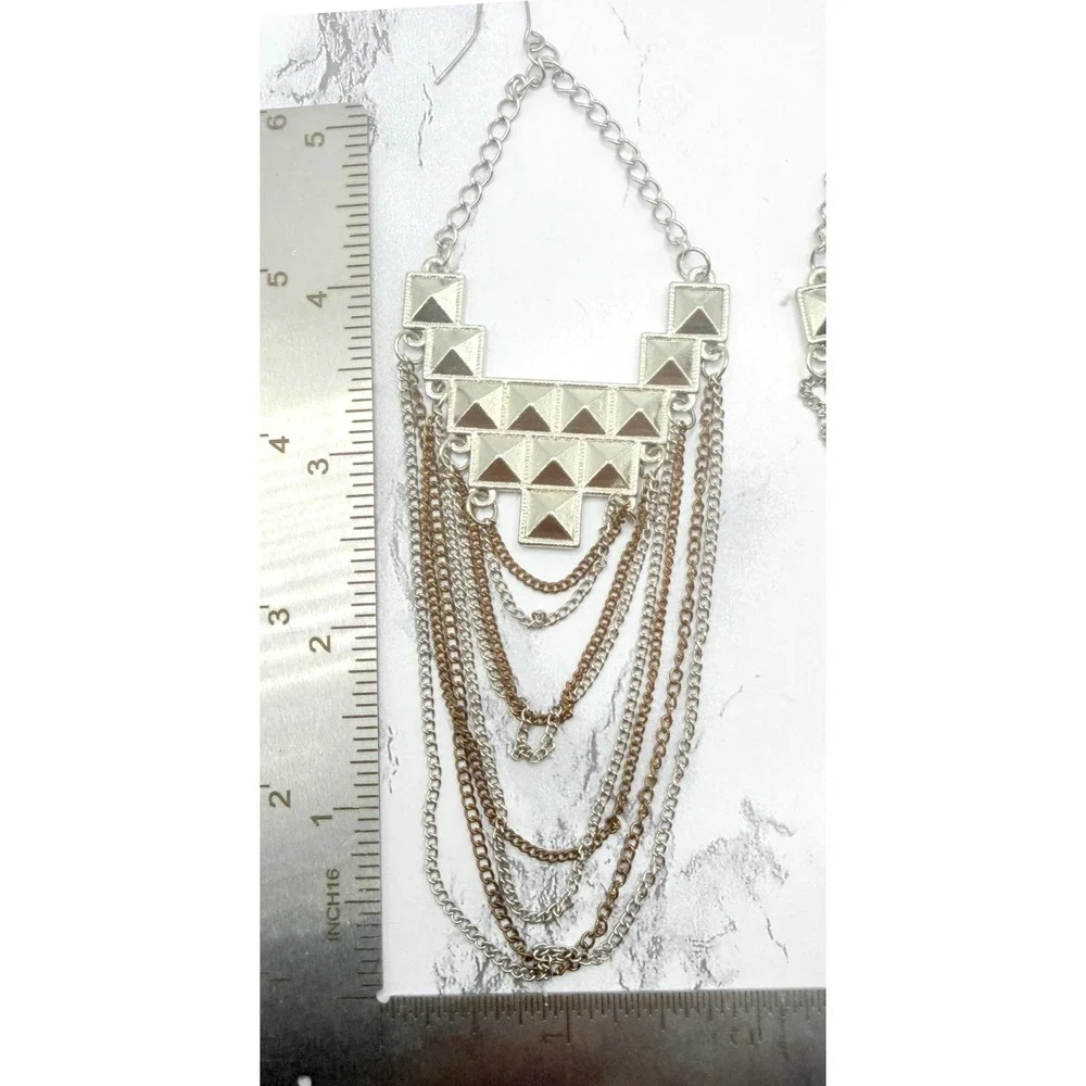 Extra Long Pyramid Stud Chain Fringe Earrings Mixed Metal Shoulder Dusters 6